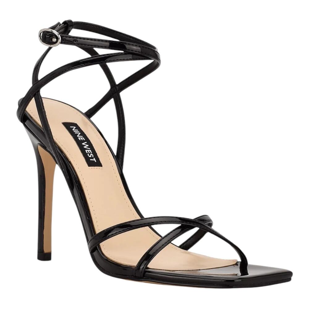 Nine West Women's Tidle Strappy High Stiletto Sandals Black Patent Size 8
